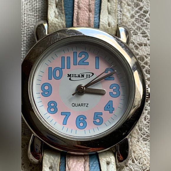 Vintage MILA II Pink Blue White Quartz Watch Stainless Steel Back Accessory - Picture 2 of 10